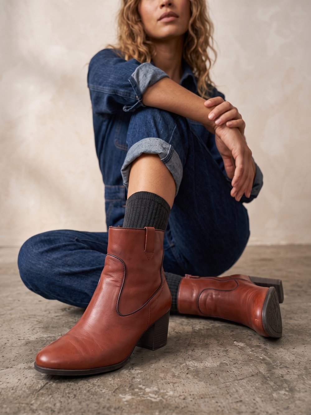 Clarks Cognac Leather Ankle Booties Westerncore Boho Block Heel Zip Boots